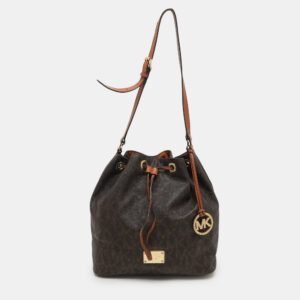 MICHAEL Michael Kors Dark Brown Signature Coated Canvas and Leather Frankie Drawstring Bucket Bag