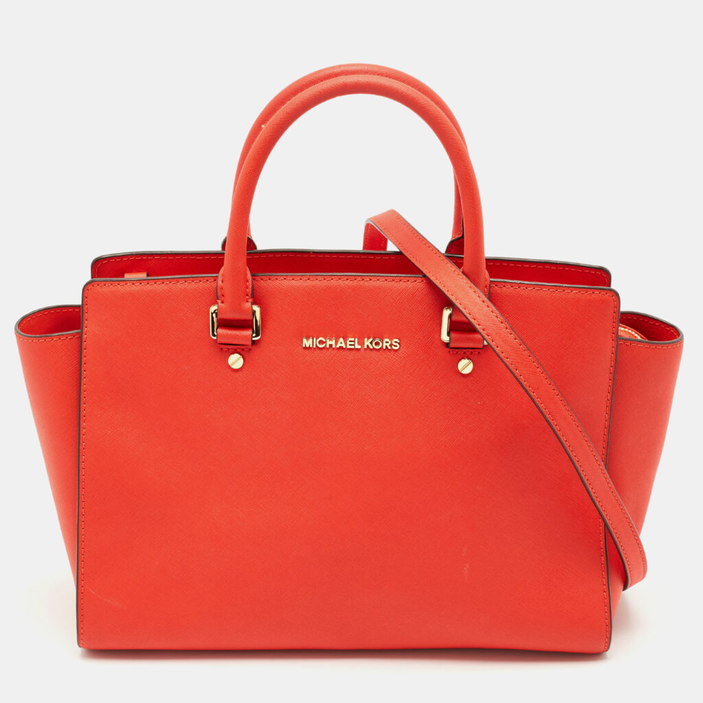 luxury-women-michael-michael-kors-used-handbags-p1154650-008 MICHAEL Michael Kors Red Saffiano Leather Large Selma Satchel