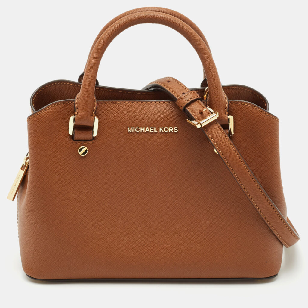 luxury-women-michael-michael-kors-used-handbags-p1160080-007 Michael Michael Kors Brown Saffiano Leather Small Savannah Satchel