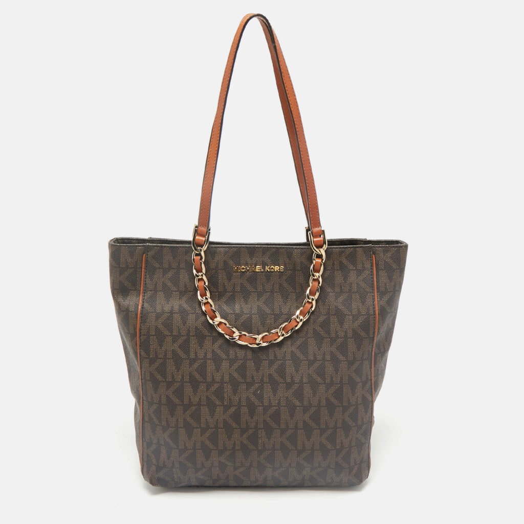 luxury-women-michael-michael-kors-used-handbags-p1160131-011 MICHAEL Michael Kors Brown Signature Coated Canvas North/South Harper Tote
