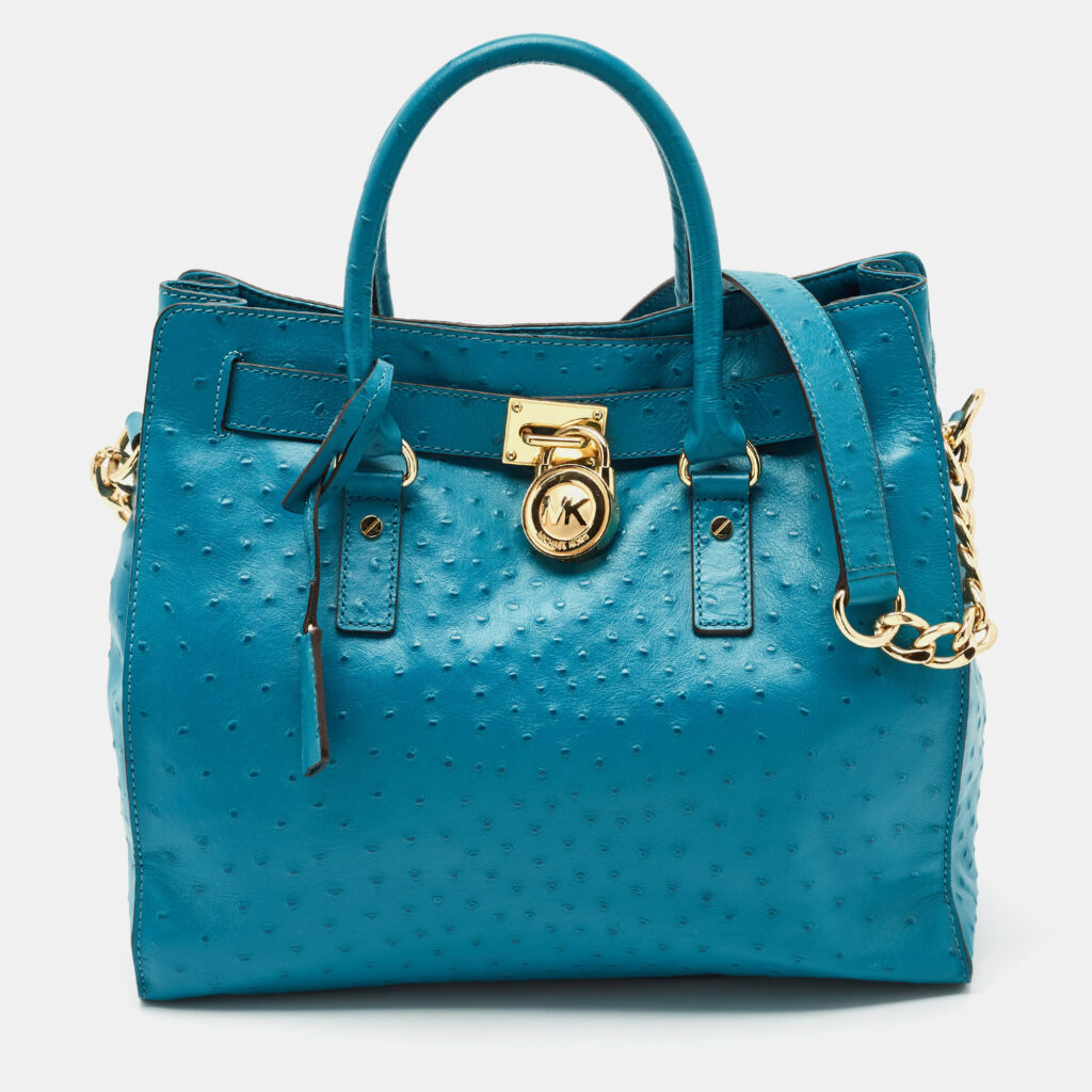 luxury-women-michael-michael-kors-used-handbags-p1161533-006 MICHAEL Michael Kors Blue Ostrich Embossed Leather Large North South Hamilton Tote