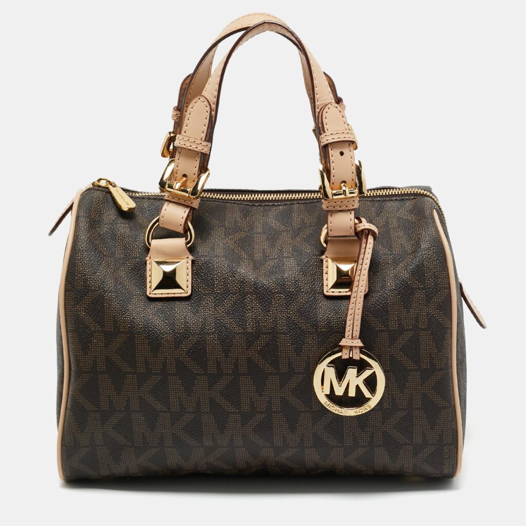 luxury-women-michael-michael-kors-used-handbags-p1165718-003 MICHAEL Michael Kors Brown/Beige Signature Coated Canvas and Leather Grayson Boston Bag
