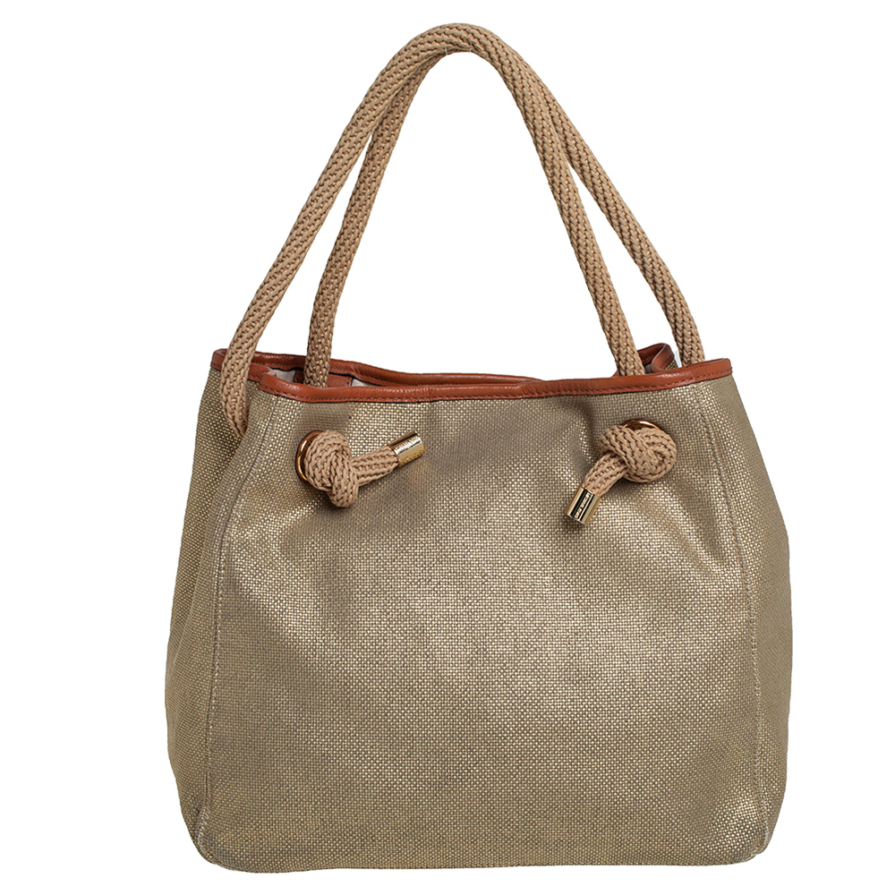 luxury-women-michael-michael-kors-used-handbags-p434011-009 MICHAEL Michael Kors Metallic Beige/Brown Canvas and Leather Large Isla Tote