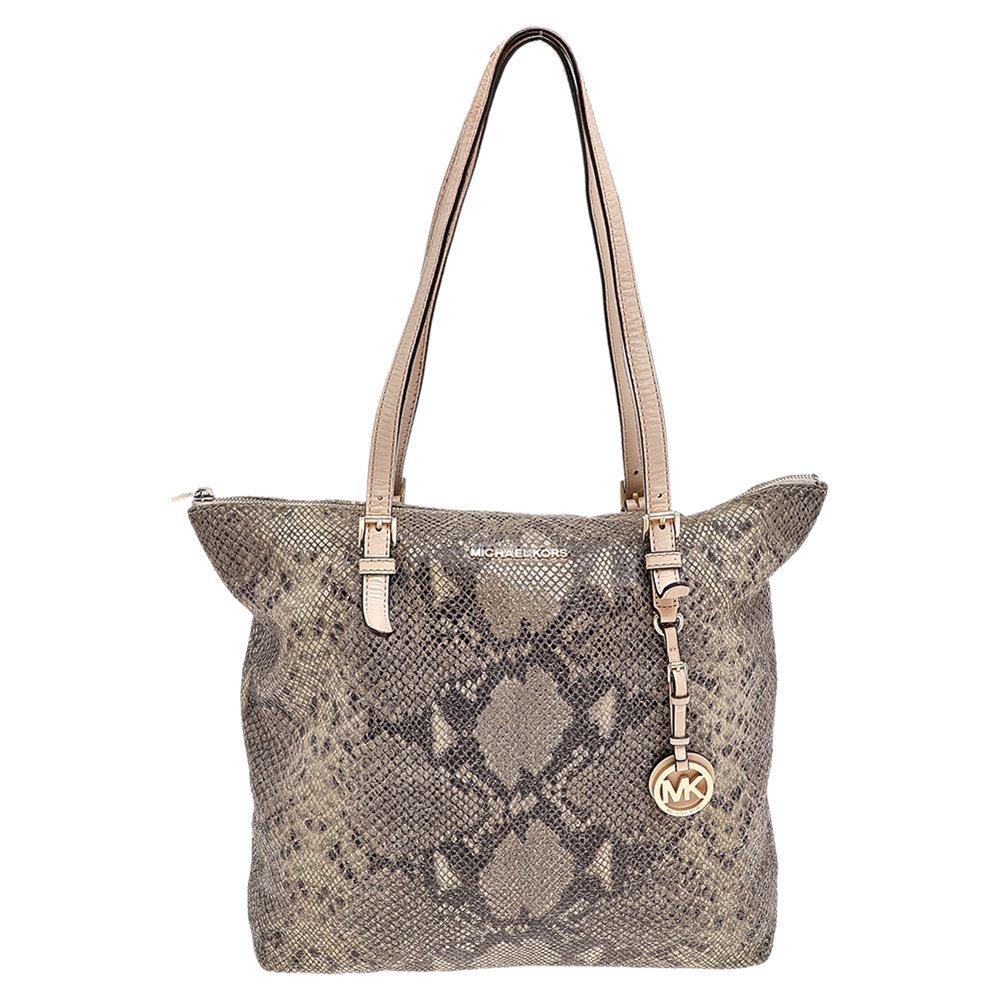 luxury-women-michael-michael-kors-used-handbags-p517128-008-1 MICHAEL Michael Kors Khaki/Black Python Effect Leather Tote