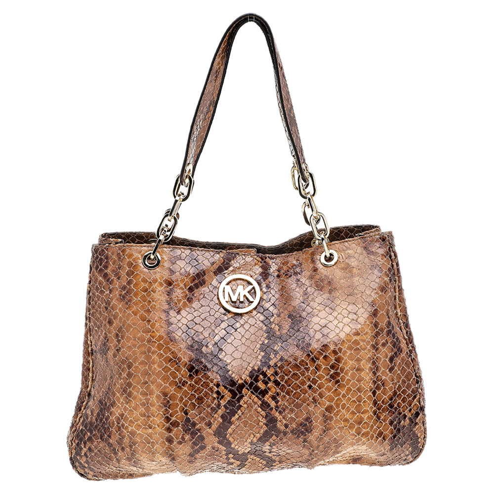 luxury-women-michael-michael-kors-used-handbags-p518519-005-2 MICHAEL Michael Kors Brown Python Embossed Leather Tote