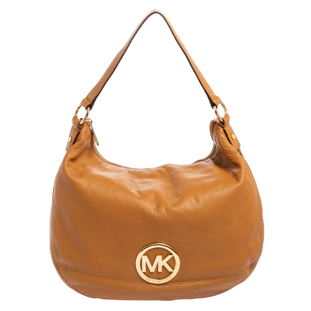luxury-women-michael-michael-kors-used-handbags-p611052-002-2 MICHAEL Michael Kors Caramel Brown Leather Logo Zip Hobo