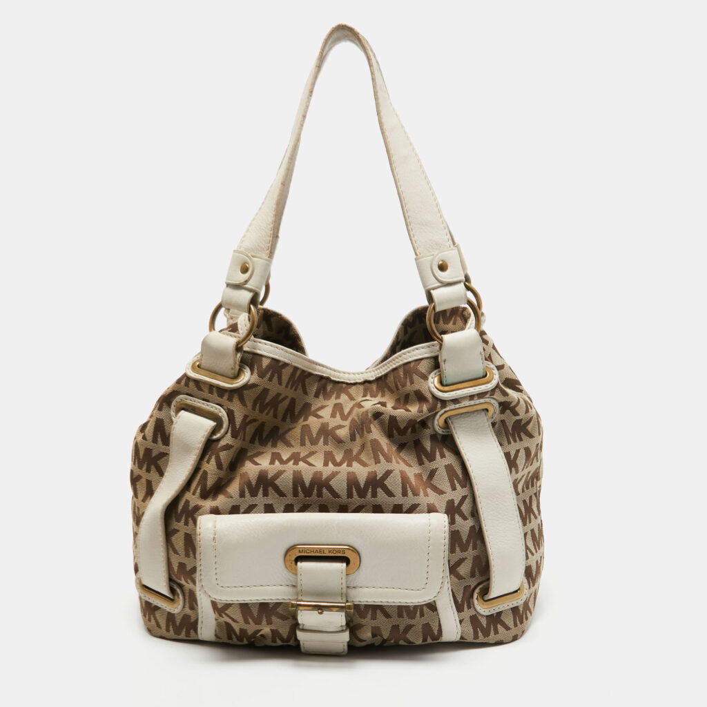luxury-women-michael-michael-kors-used-handbags-p767521-019 MICHAEL Michael Kors Beige/Off White Signature Canvas Front Pocket Tote