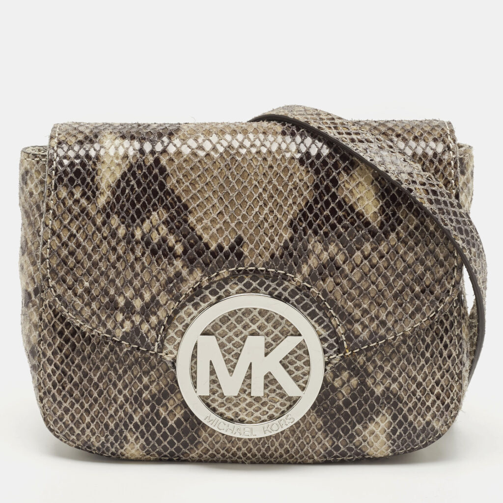 luxury-women-michael-michael-kors-used-handbags-p840388-016 MICHAEL Michael Kors Black/Beige Python Embossed Leather Fulton Flap Crossbody Bag