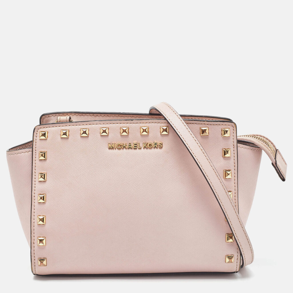 luxury-women-michael-michael-kors-used-handbags-p842285-009 Michael Michael Kors Pink Leather Medium Studded Selma Crossbody Bag