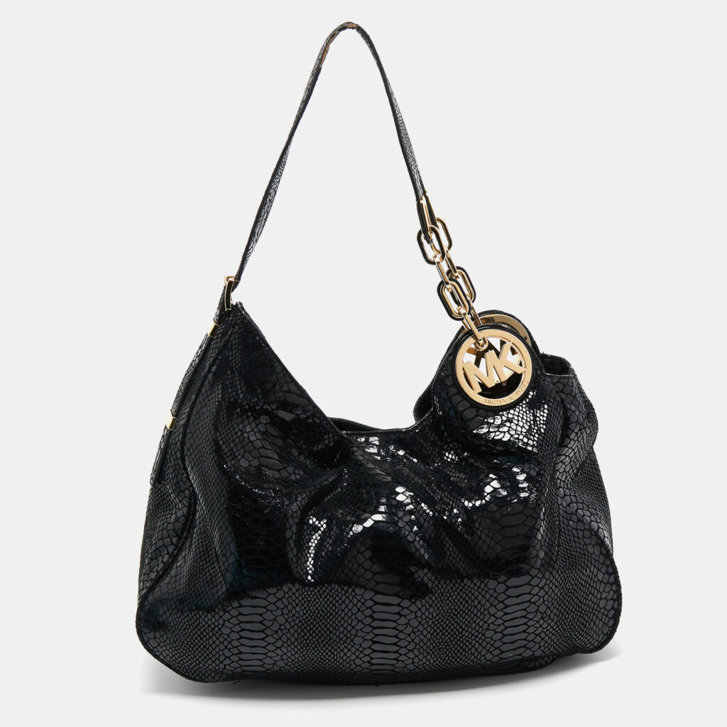 luxury-women-michael-michael-kors-used-handbags-p910506-008 MICHAEL Michael Kors Black Snakeskin Embossed Leather Fulton Slouchy Hobo