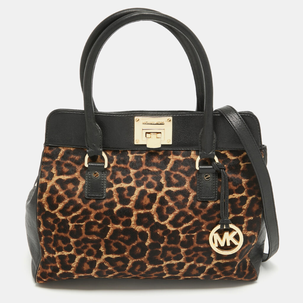 luxury-women-michael-michael-kors-used-handbags-p915344-014 MICHAEL Michael Kors Black/Brown Leopard Print Calfhair and Leather Astrid Tote