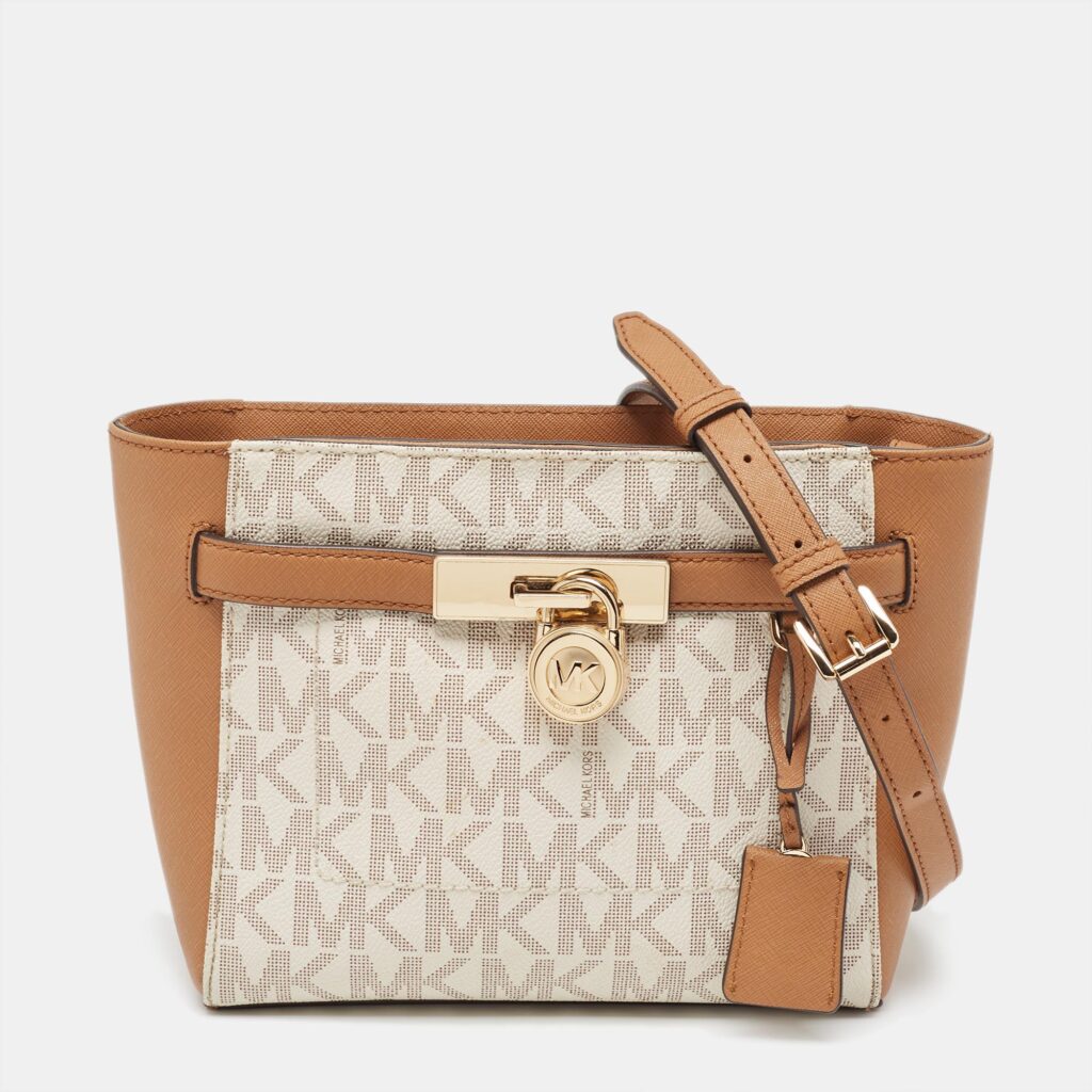 luxury-women-michael-michael-kors-used-handbags-p924303-001 MICHAEL Michael Kors Tan/White Signature Coated Canvas Hamilton Crossbody Bag