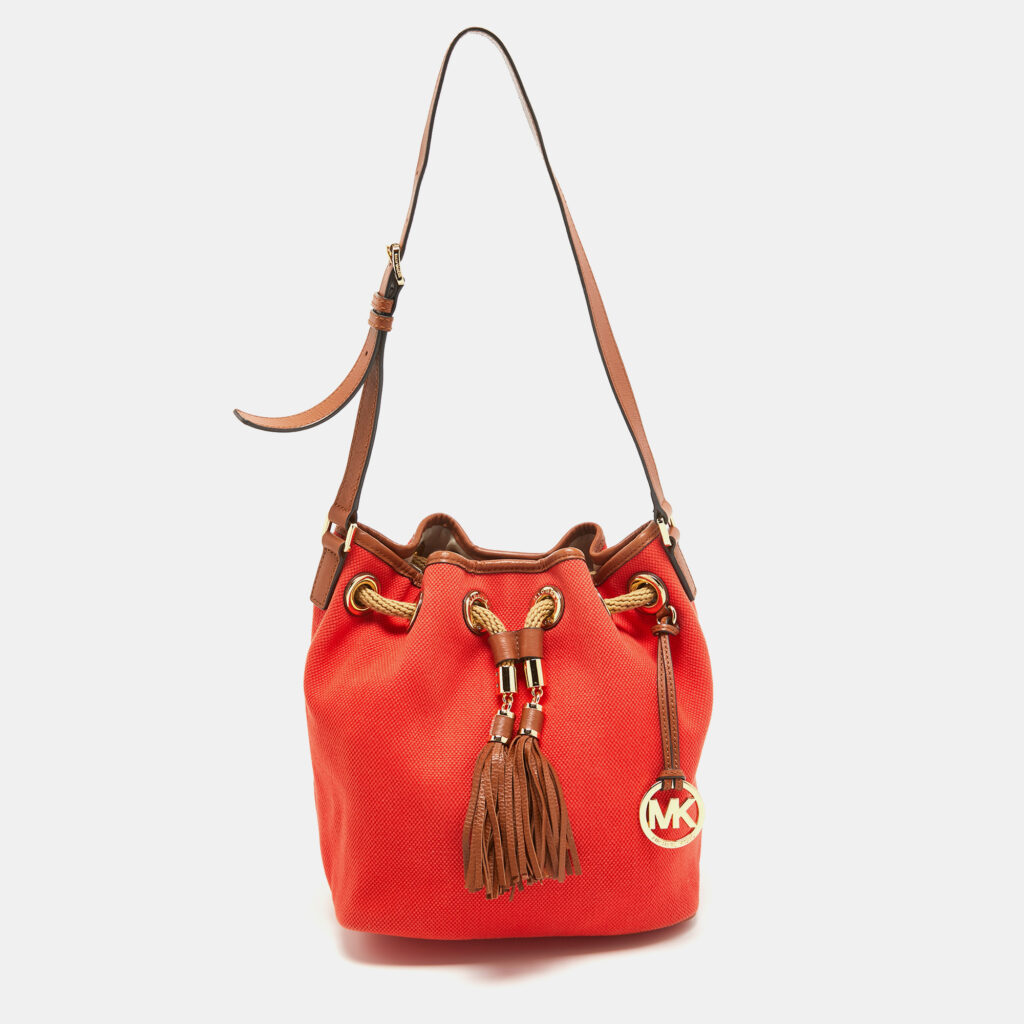luxury-women-michael-michael-kors-used-handbags-p935773-005 Michael Kors Orange/Brown Canvas and Leather Marina Drawstring Bag