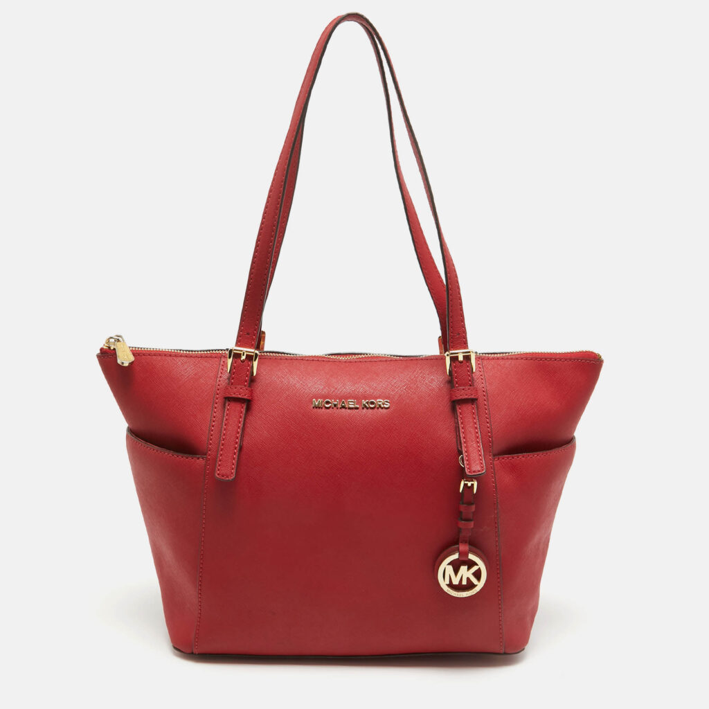 luxury-women-michael-michael-kors-used-handbags-p967524-014 MICHAEL Michael Kors Red Saffiano Leather Jet Set Top Zip Tote