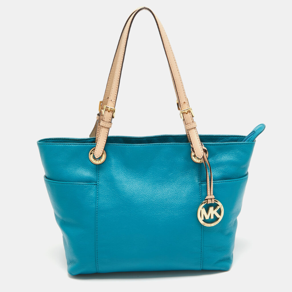 luxury-women-michael-michael-kors-used-handbags-p967535-007 MICHAEL Michael Kors Teal Blue/Beige Leather Jet Set Tote
