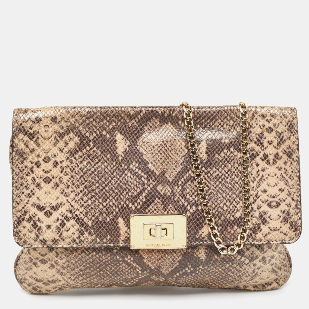 luxury-women-michael-michael-kors-used-handbags-p978408-015 MICHAEL Michael Kors Beige Python Embossed Leather Turnlock Chain Bag