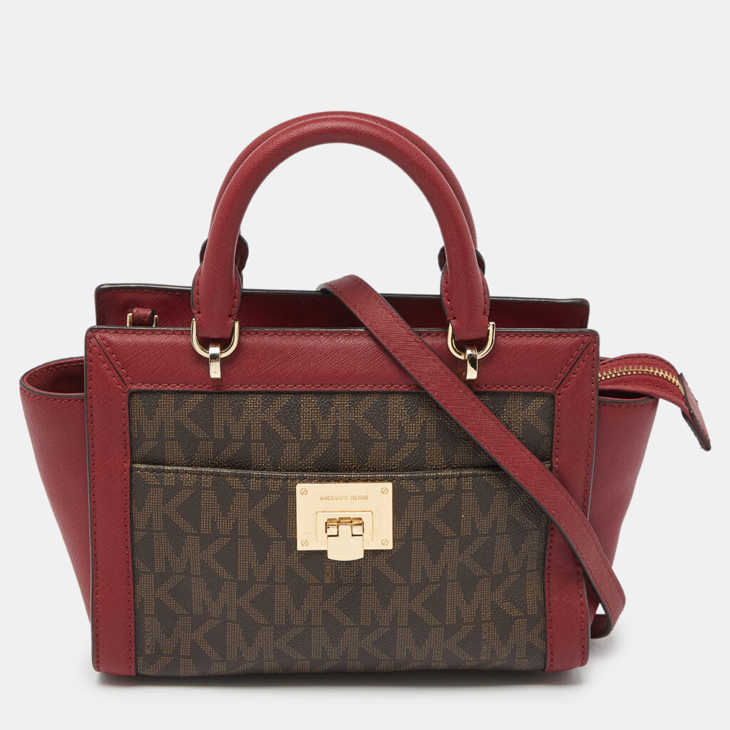 luxury-women-michael-michael-kors-used-handbags-p995476-003 MICHAEL Michael Kors Brown/Red Signature Coated Canvas and Leather Tina Tote