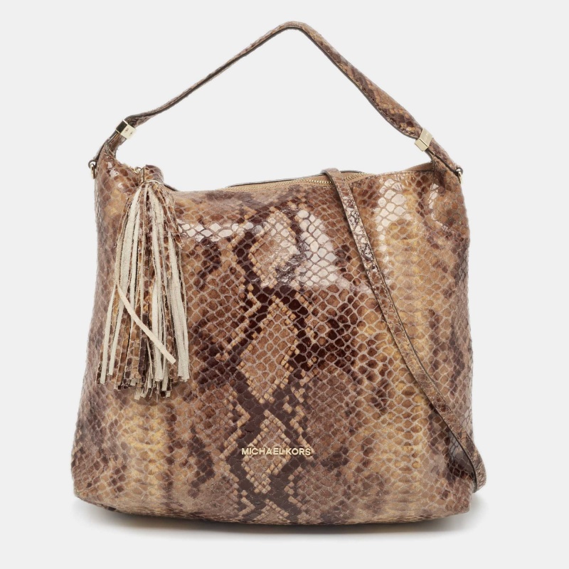 luxury-women-michael-michael-kors-used-handbags-p996053-1718771490-008 Michael Kors Brown/Black Python Embossed Patent Leather Tassel Hobo
