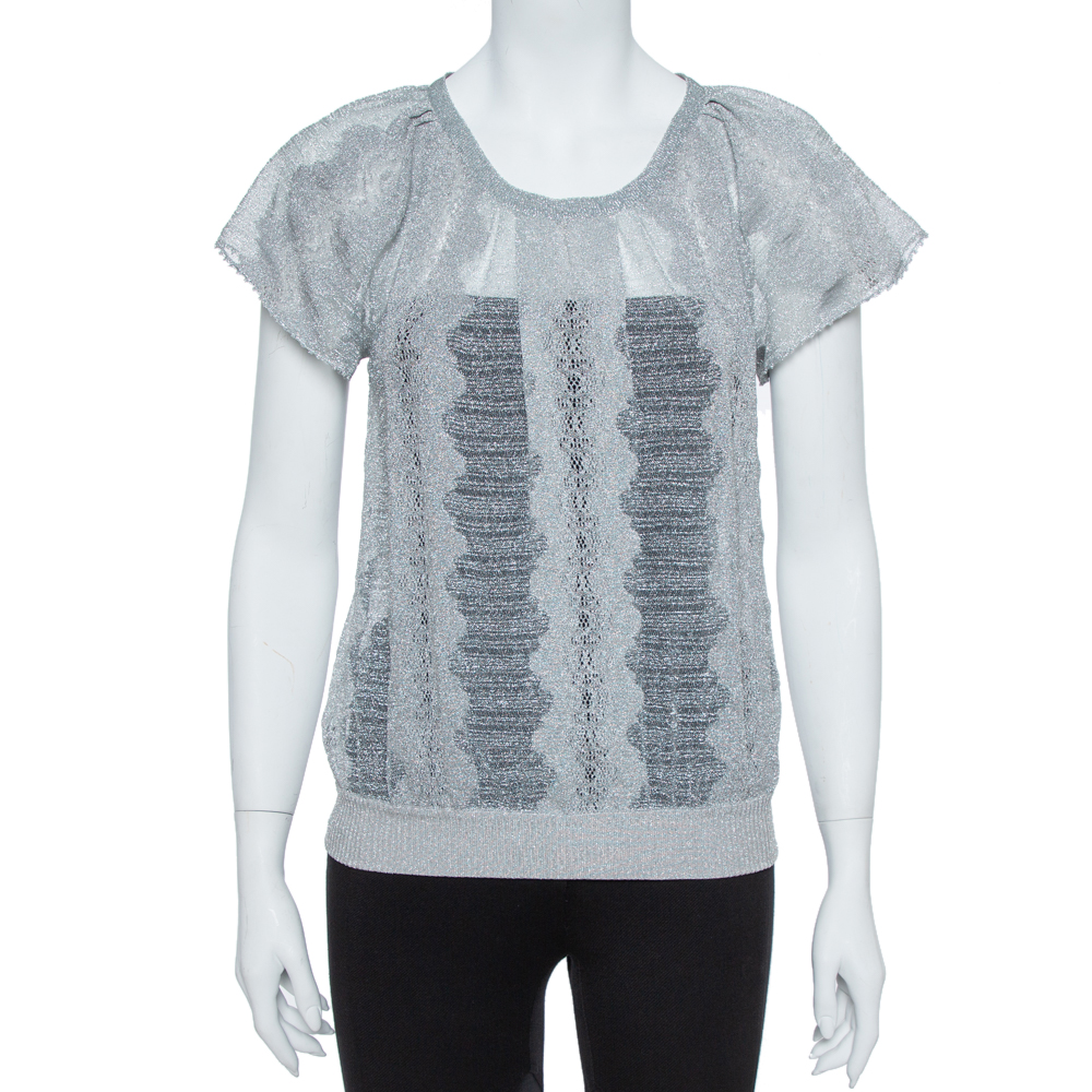 luxury-women-missoni-used-clothes-p358139-001 Missoni Metallic Silver Jacquard Knit Raglan Sleeve Top S