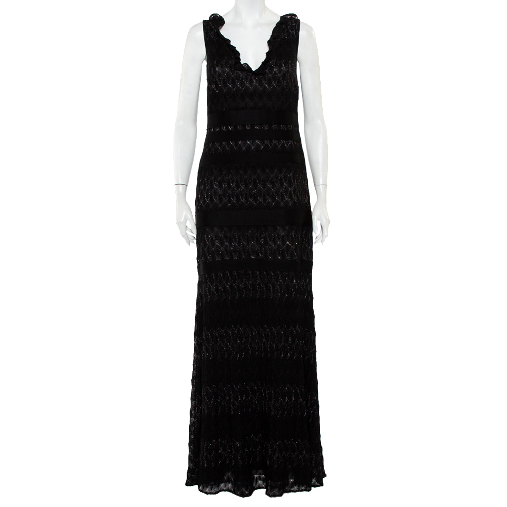 luxury-women-missoni-used-clothes-p437473-004 Missoni Black Lurex Knit Ruffled Neck Sleeveless Maxi Dress M