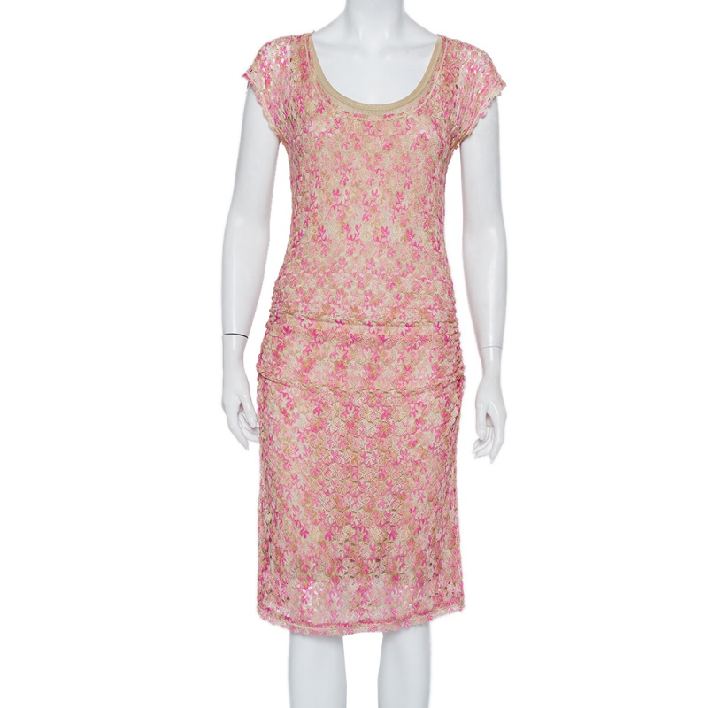 luxury-women-missoni-used-clothes-p441035-1622086573-001 Missoni Pink & Beige Knit Ruched Sleeveless Midi Dress M