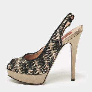 Missoni Black/Grey Lace and Satin Peep Toe Platform Slingback Pumps Size 38