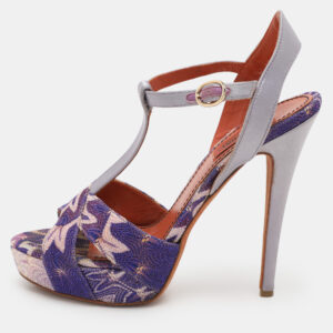 Missoni Grey/Purple Knit Fabric and Leather T-Strap Platform Sandals Size 40