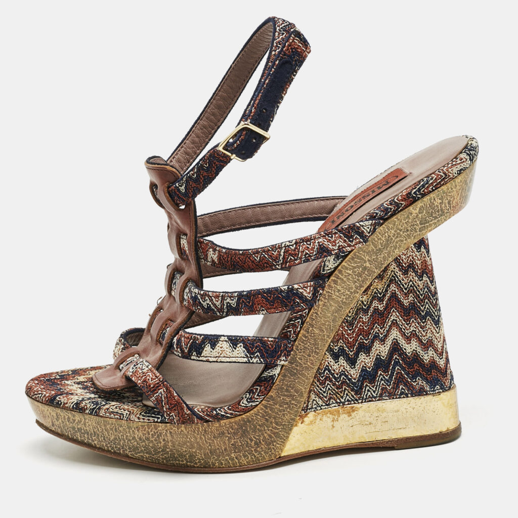 luxury-women-missoni-used-shoes-p1160028-009 Missoni Multicolor Zigzag Print Fabric and Leather Wedge Ankle Strap Sandals Size 37