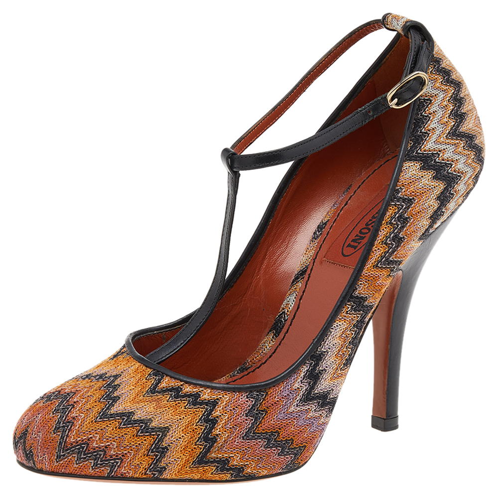 luxury-women-missoni-used-shoes-p551410-004-1 Missoni Black/Orange Fabric And Leather Ankle T-Strap Pumps Size 37.5