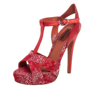 Missoni Red/White Knit Fabric and Leather T-Bar Platform Ankle-Strap Sandals Size 36