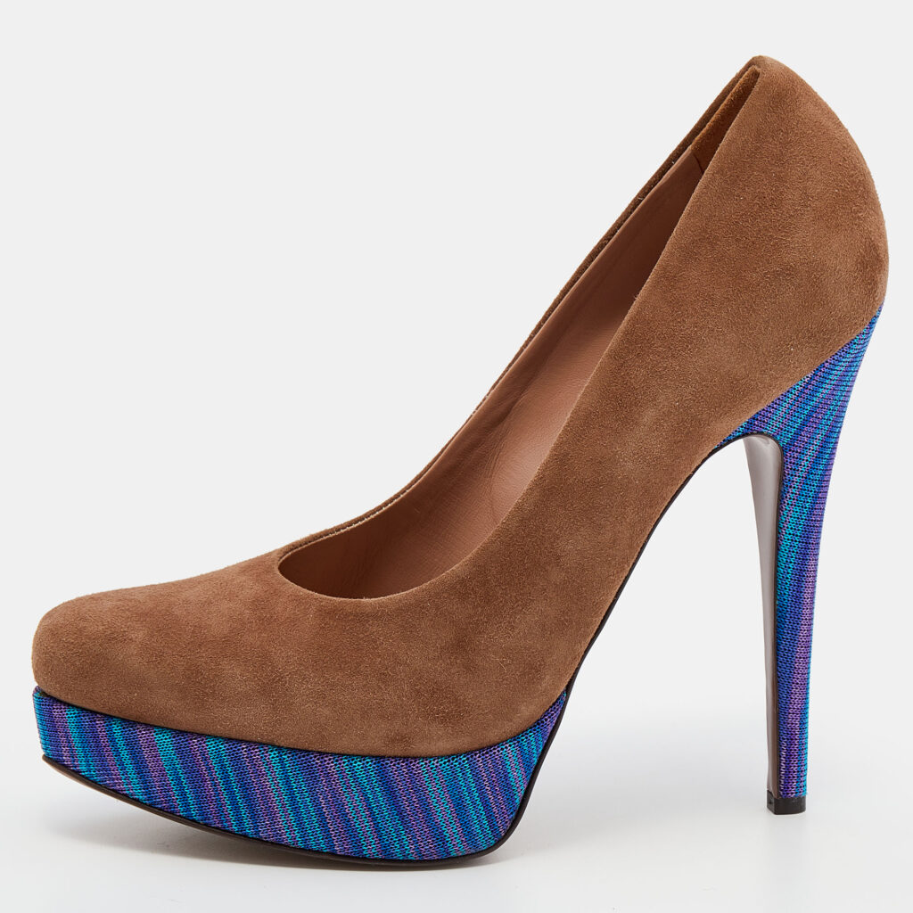 luxury-women-missoni-used-shoes-p630484-002-1 Missoni Brown/Blue Suede And Knit Fabric Platform Pumps Size 38