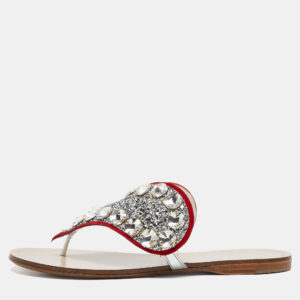 Miu Miu Silver/Red Glitter and Suede Crystals Embellished Flats Size 36