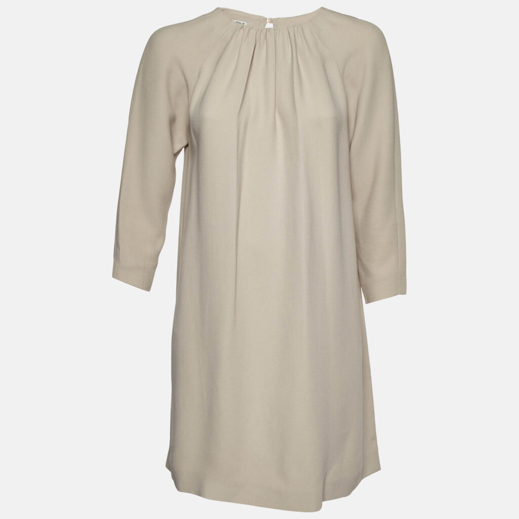 luxury-women-miu-miu-used-clothes-p1026776-001 Miu Miu Beige Crepe Gathered Neckline Shift Dress S