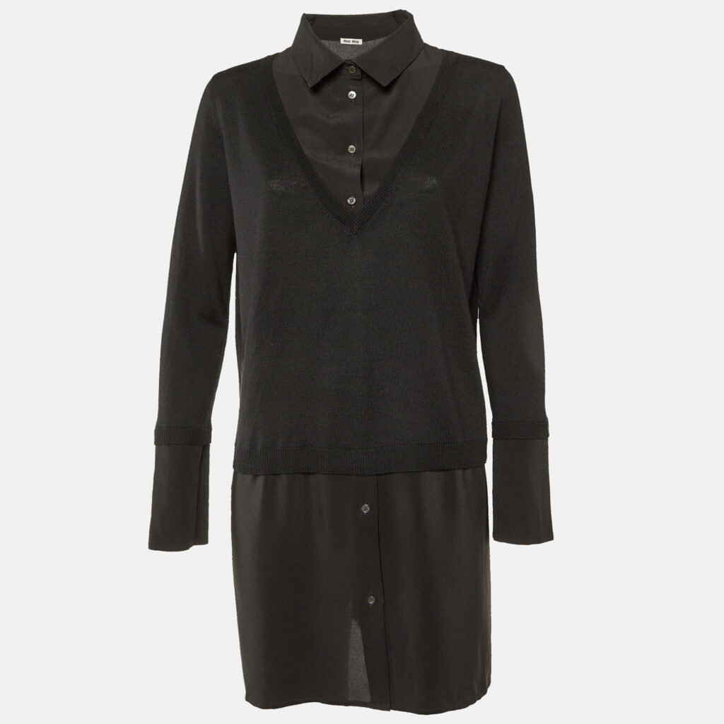 luxury-women-miu-miu-used-clothes-p1120587-005 Miu Miu Black Wool Knit & Silk Long Sleeve Dress L