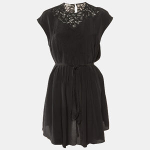 Miu Miu Black Silk & Lace Insert Pintuck Detail Mini Dress M