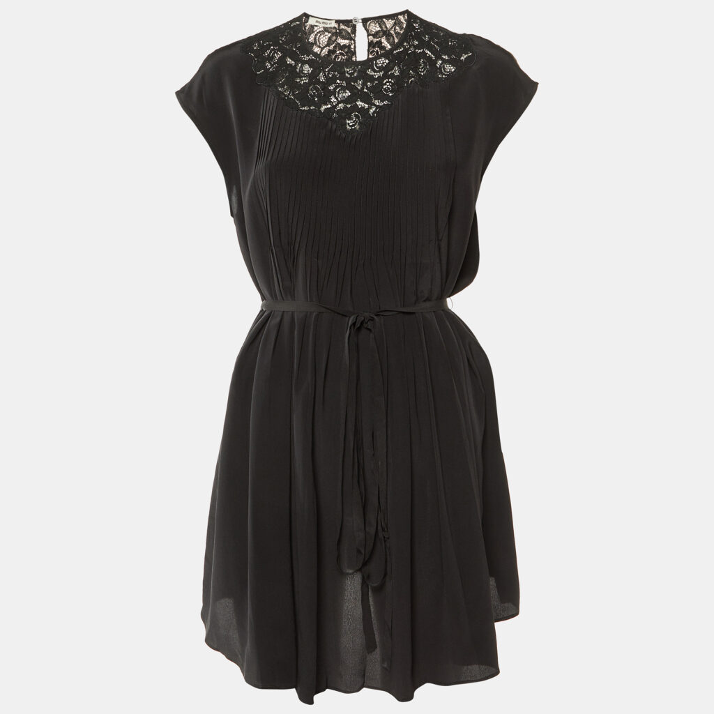 luxury-women-miu-miu-used-clothes-p1132805-003 Miu Miu Black Silk & Lace Insert Pintuck Detail Mini Dress M