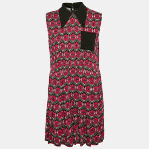 Miu Miu Red Floral Print Crepe Pleated Sleeveless Mini Dress M