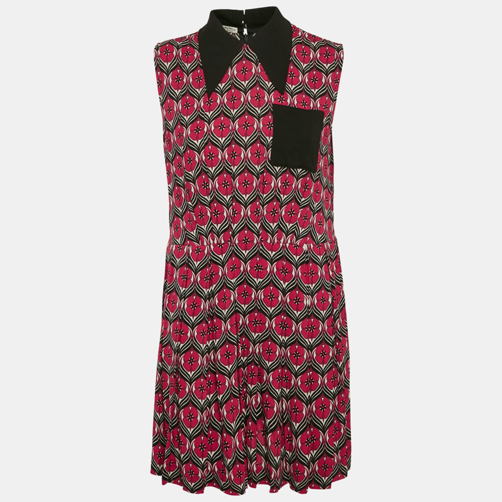 Miu Miu Red Floral Print Crepe Pleated Sleeveless Mini Dress M