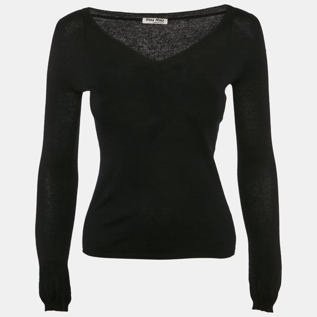 luxury-women-miu-miu-used-clothes-p1133585-005 Miu Miu Black Wool Long Sleeve V-Neck Sweater XS