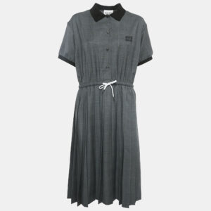 Miu Miu Grey Prince of Wales Check Wool Pleated Midi Dress M