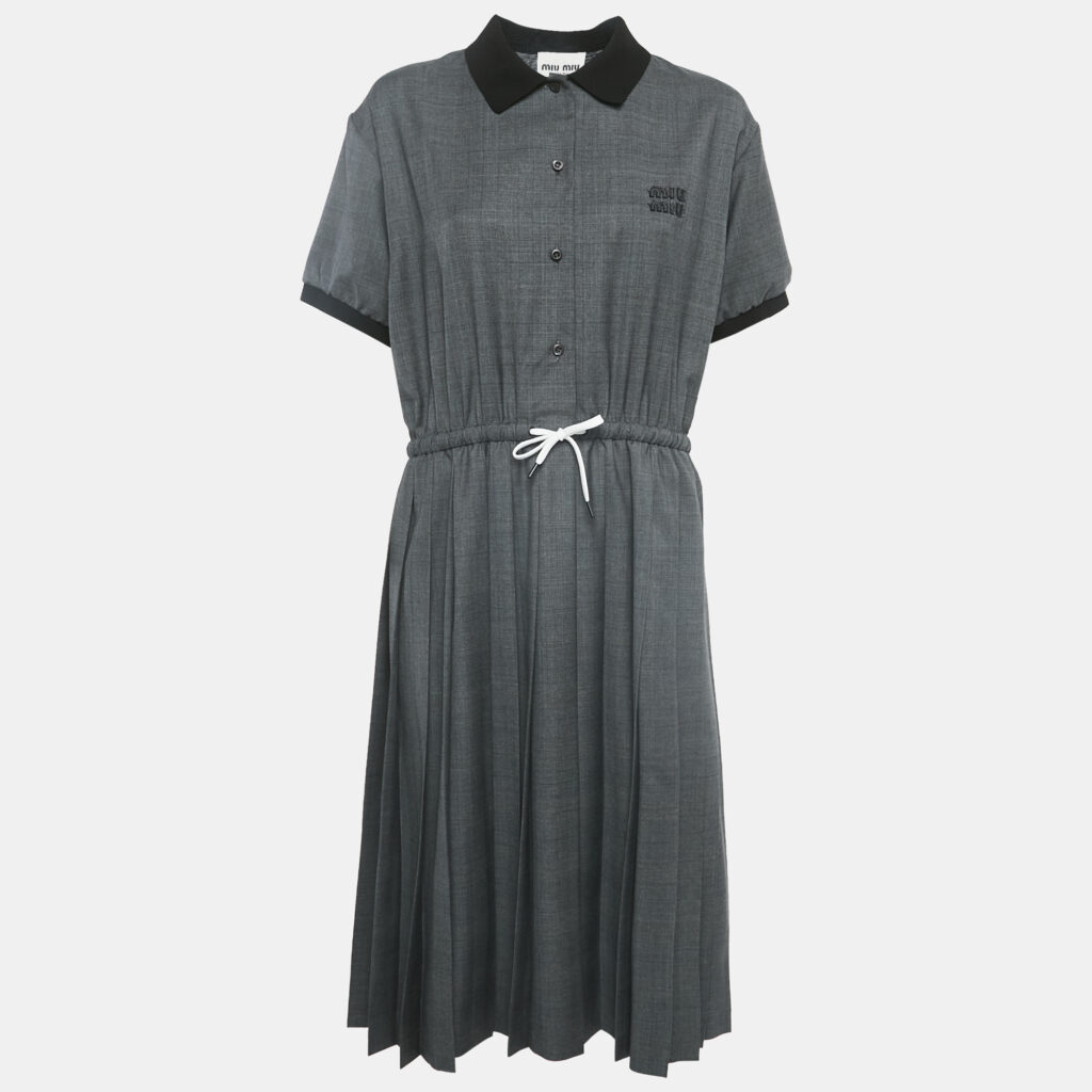 Miu Miu Grey Prince of Wales Check Wool Pleated Midi Dress M