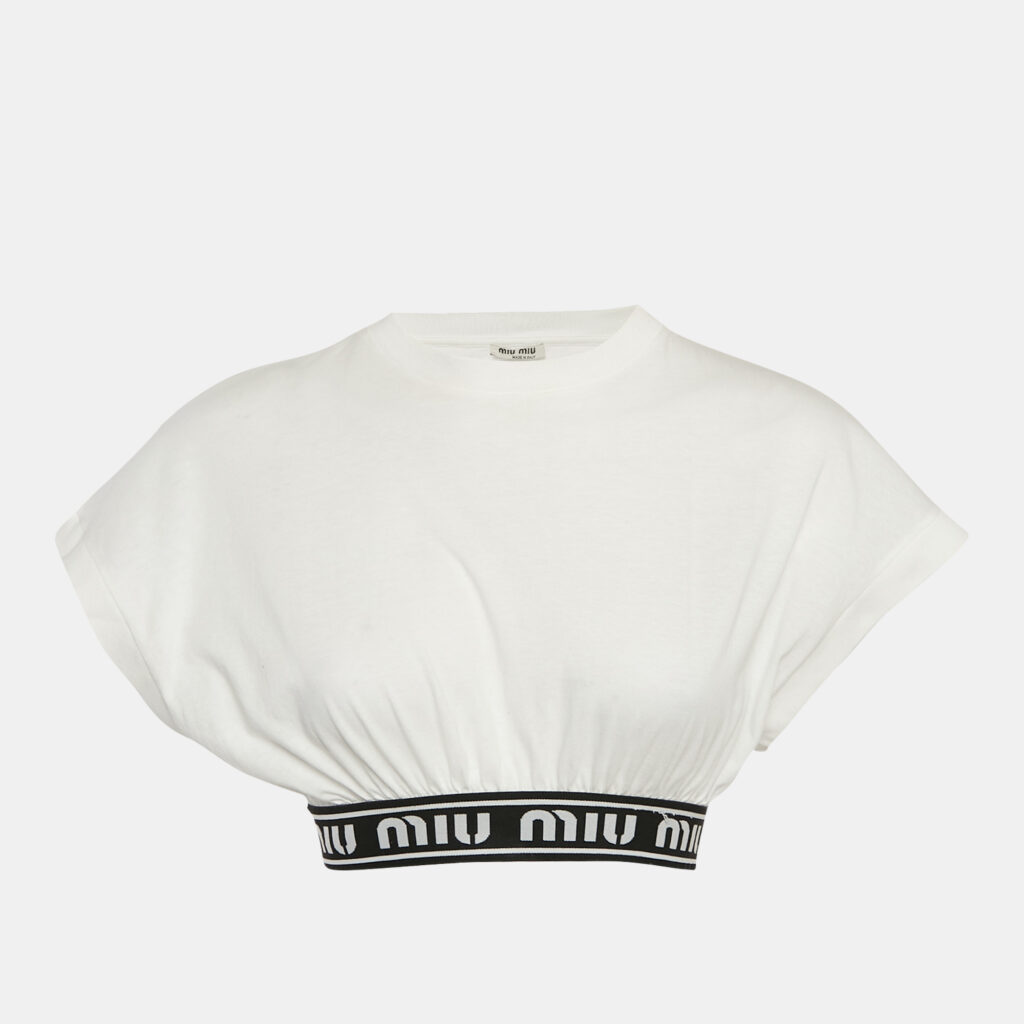 luxury-women-miu-miu-used-clothes-p1145692-005 Miu Miu White Logo Tape Detail Crop Top XS
