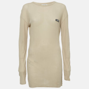 miu miu beige cotton knit logo-patch mini dress xs