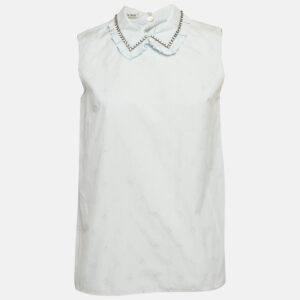Miu Miu Blue Embroidered Cotton Ruffled Collar Sleeveless Shirt S