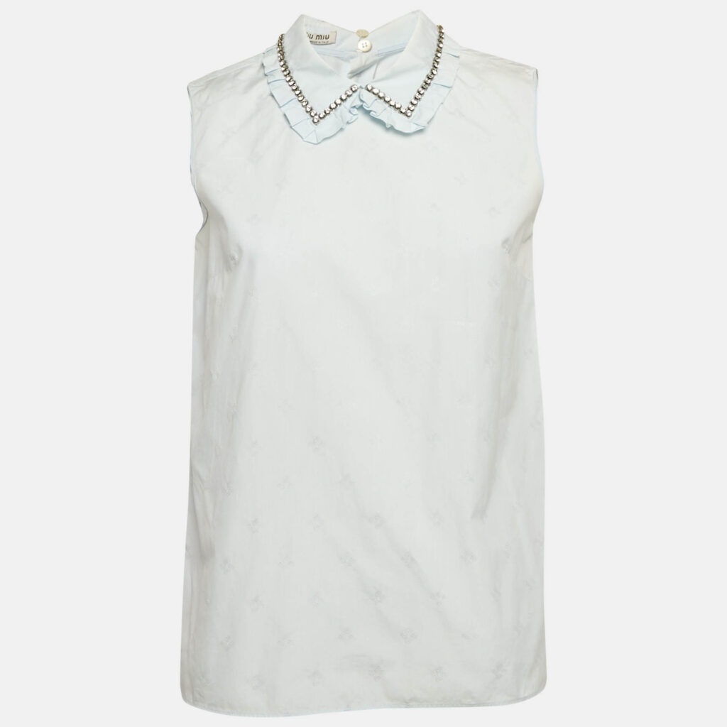 Miu Miu Blue Embroidered Cotton Ruffled Collar Sleeveless Shirt S