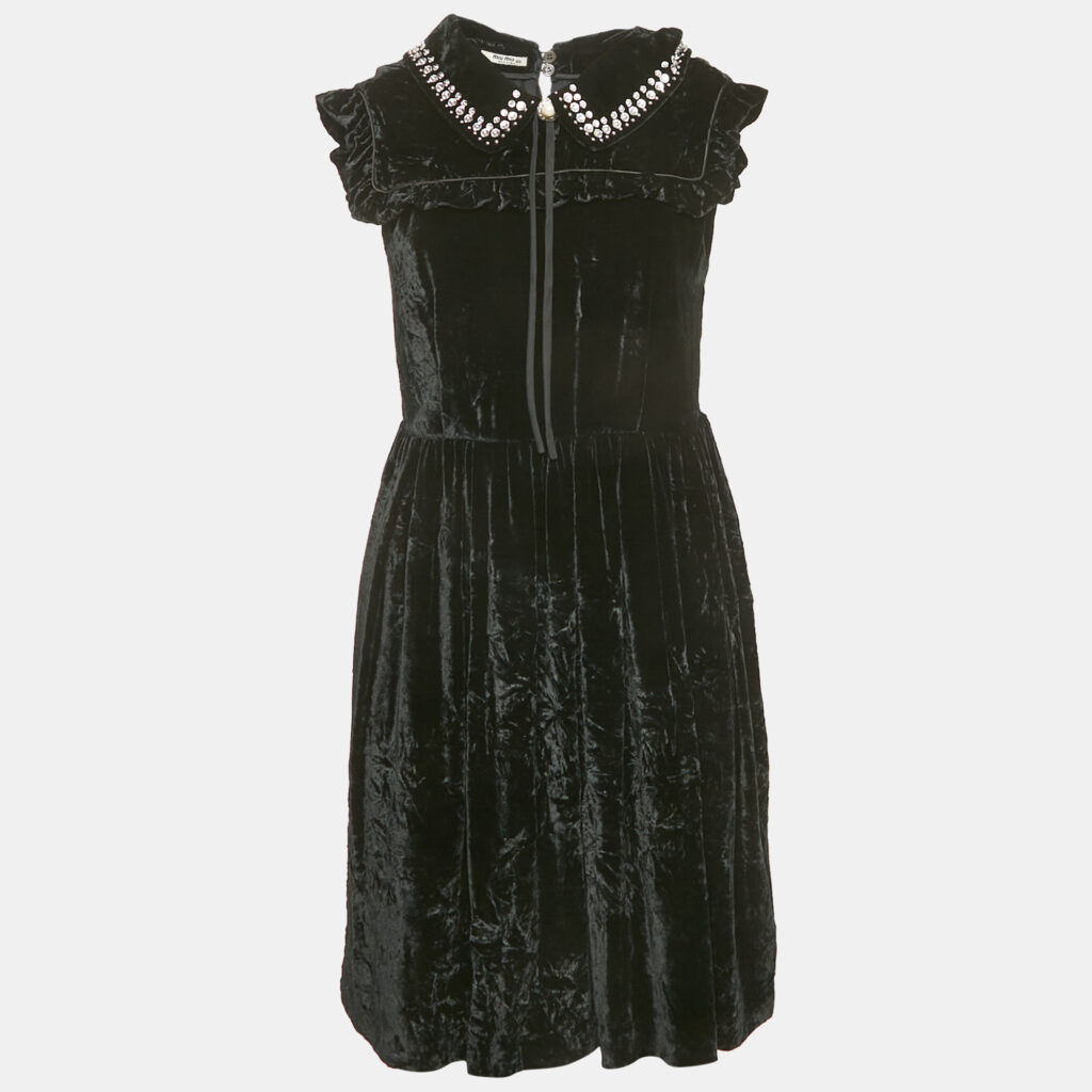 luxury-women-miu-miu-used-clothes-p1165934-002.jpg Miu Miu Black Embellished Velvet Ruffled Mini Dress S