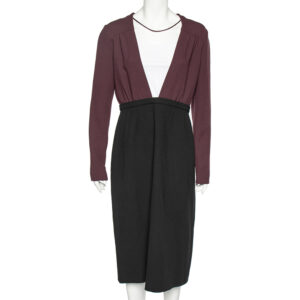 Miu Miu Black-Burgundy Textured Wool Plunge Neck Midi Dress L