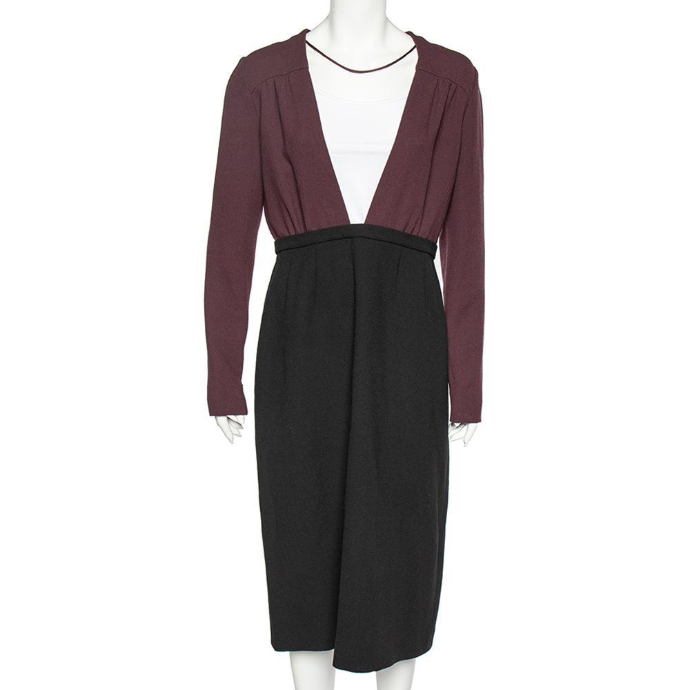 luxury-women-miu-miu-used-clothes-p519060-001-2 Miu Miu Black-Burgundy Textured Wool Plunge Neck Midi Dress L