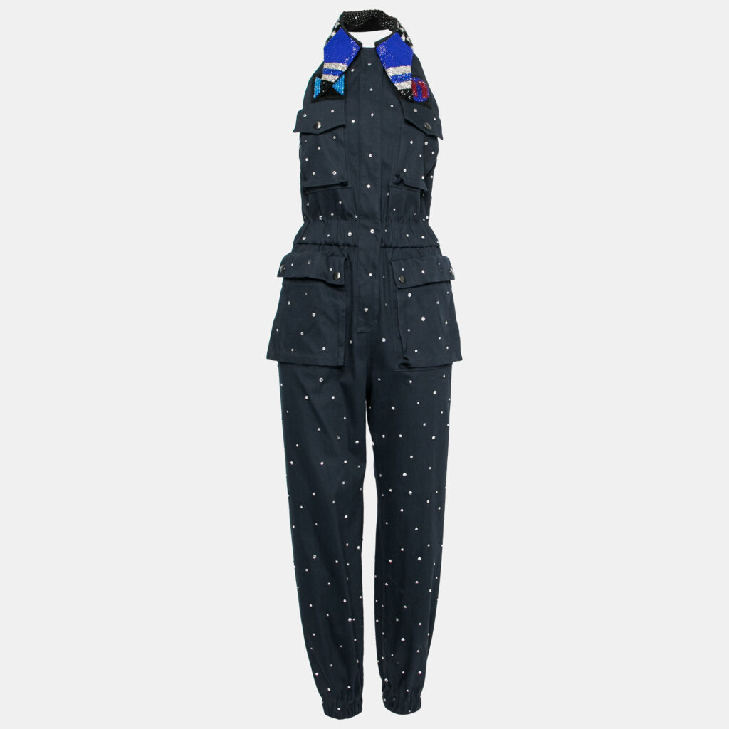 luxury-women-miu-miu-used-clothes-p647693-002-2 Miu Miu Navy Blue Embellished Cotton Bead Embroidered Halter Neck Jumpsuit S