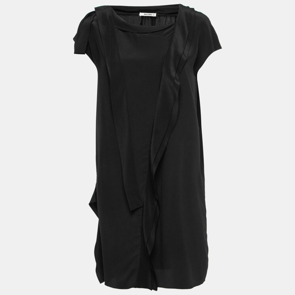 luxury-women-miu-miu-used-clothes-p798701-001 Miu Miu Black Crepe Tie Neck Ruffled Short Dress XS
